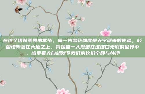 在这个银装素裹的季节,每一片雪花都像是天空派来的使者,轻盈地降落在大地之上。我独自一人漫步在这洁白无瑕的世界中,感受着大自然赋予我们的这份宁静与纯净